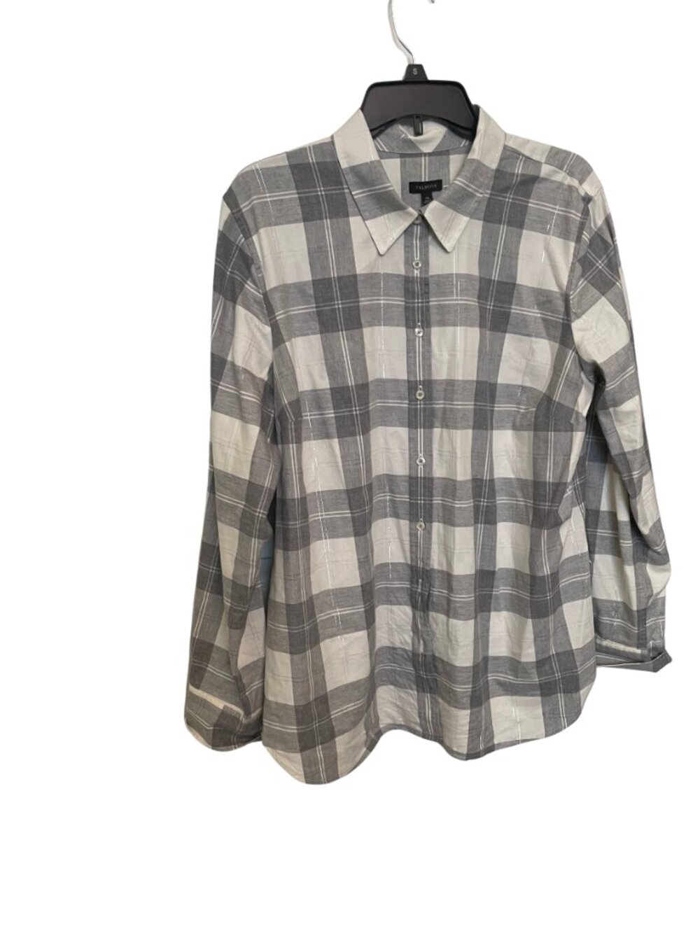 Talbots Gray and White Plaid Button-Up Shirt with metallic accent. Xl